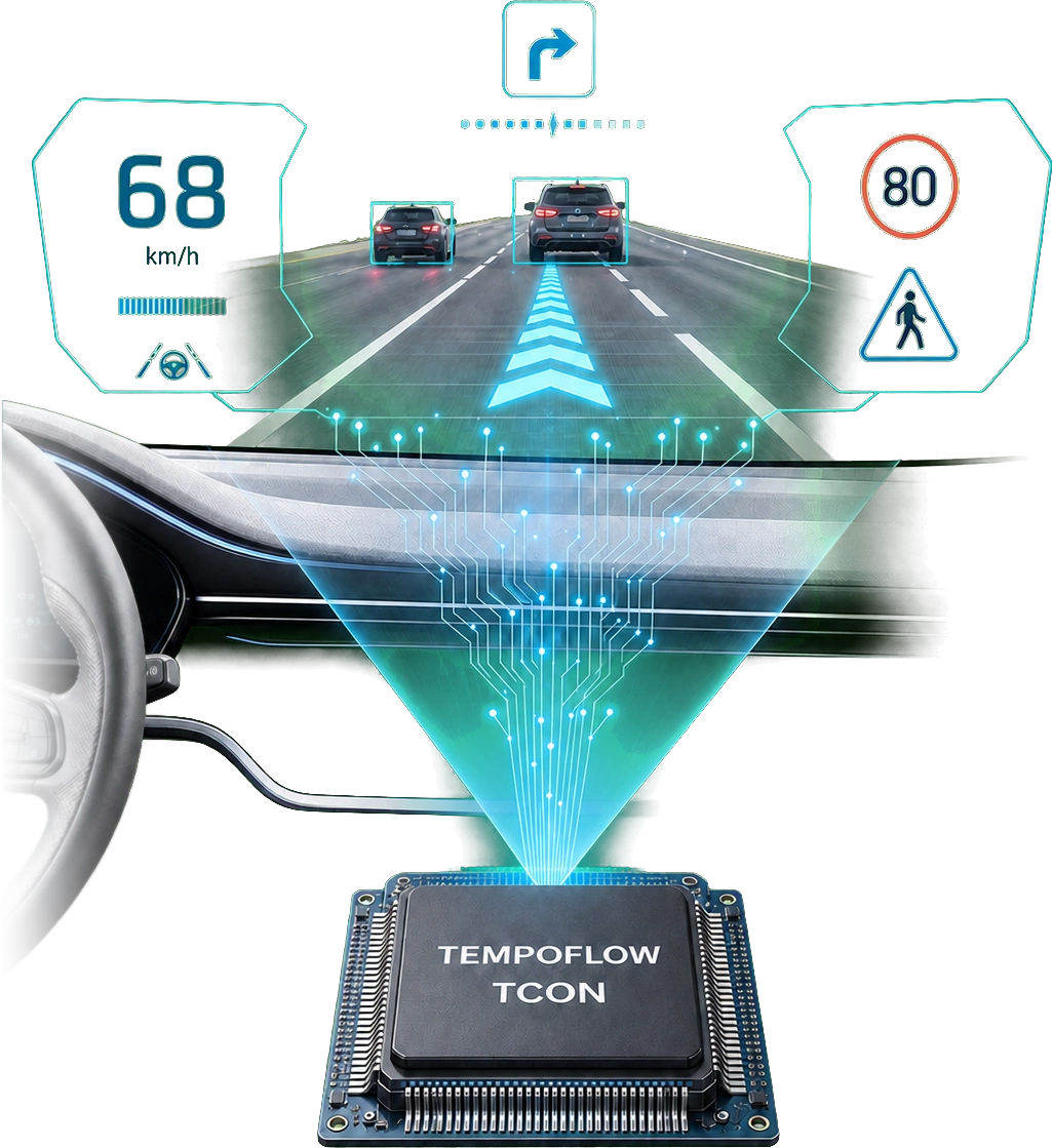 场序显示车载 HUD 概念图：车辆前方信息由 TempoFlow TCON 驱动呈现