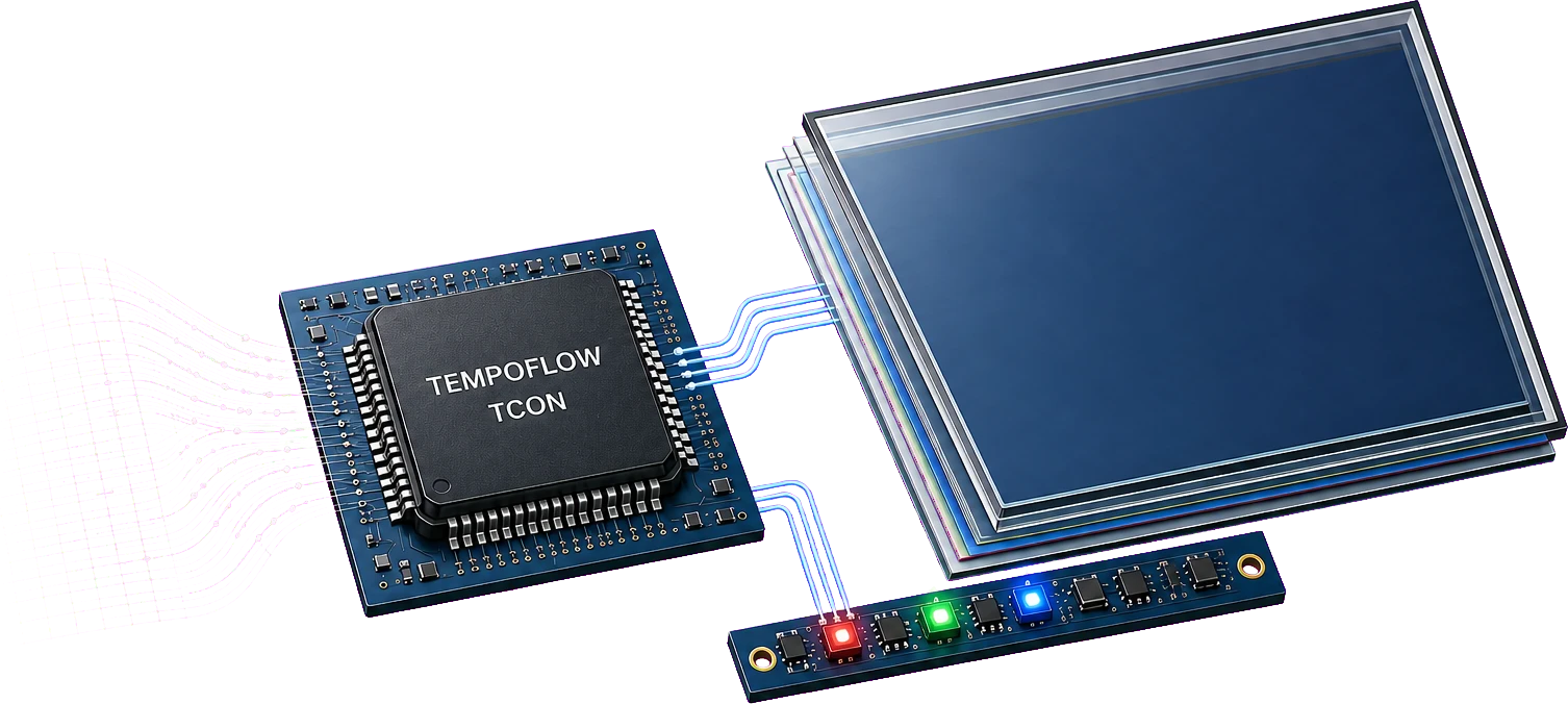 TempoFlow TCON 芯片连接画质算法、场序 LCD 面板与 RGB 背光驱动的一揽子解决方案概念图